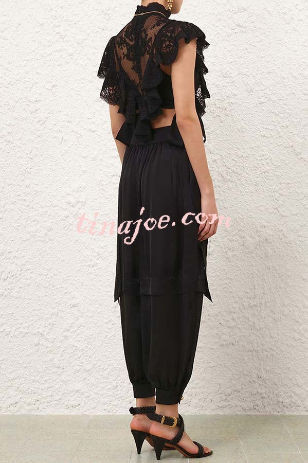 Esella Satin Gathered Waist Pocket Button Ankle Cuffs Harem Pant
