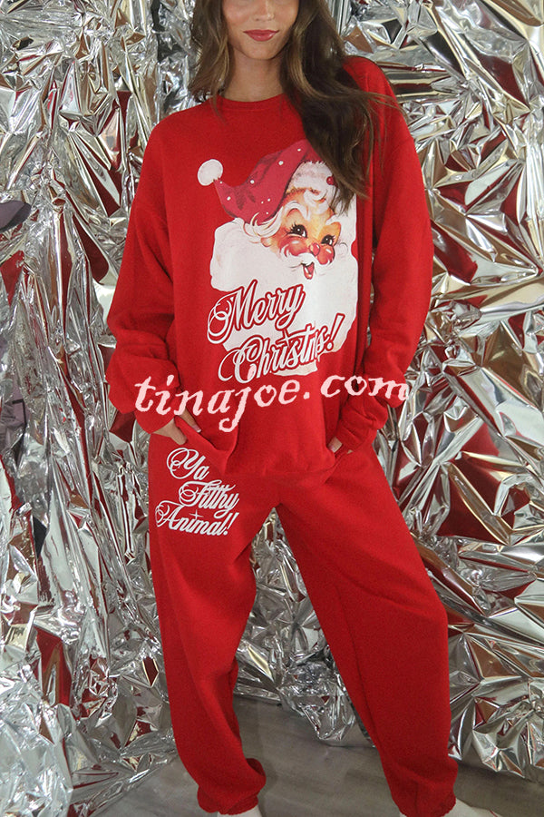 Christmas Santa Print Loose Round Neck Sweatshirt and Elastic Waist Casual Pants Set