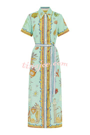 Deep Sea Dreaming Linen Blend Unique Print Short Sleeve Tie-up Shirt Maxi Dress