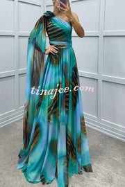 Lucia Unique Print Floral Detail One Shoulder Draped Sleeve Gown Maxi Dress