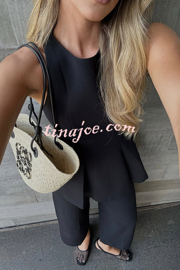 Solid Color Round Neck Sleeveless Casual Top and Loose Straight Pants Set
