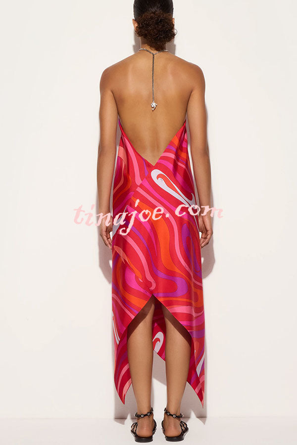 Elmhurst Satin Unique Print Chain Halter Draped Scarf Midi Dress