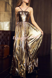 Queen Style Metallic Fabric Cross Neck Cutout Slit Pleated Maxi Dress