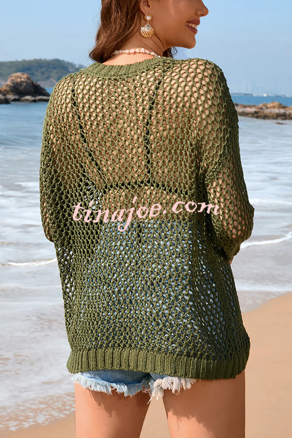 Solid Color Round Neck Long Sleeve Heart Knitted Beach Cover Up