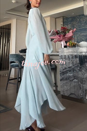 Elegant and Graceful Tie-up Neck Long Balloon Sleeve Handkerchief Midi Dress