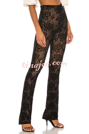 Romance Detail Flower Pattern Mesh Elastic Waist Stretch Flare Pants