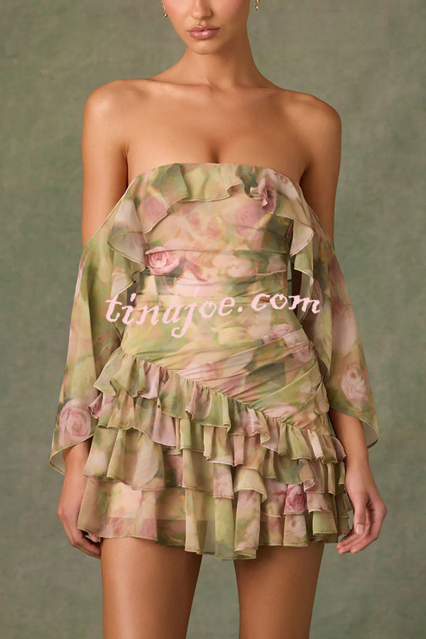 Chiffon Floral Print Elegant Multi-Layered Ruffle Mini Dress
