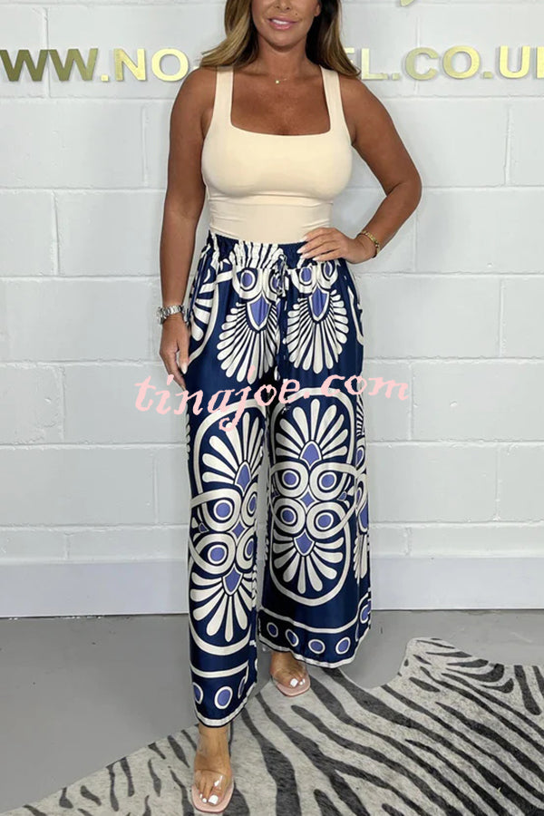 Satin Unique Printed Elastic Waist Tie Casual Vacation Loose Pants