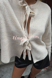 Solid Color Loose Long Sleeve Lace-up Knitted Cardigan