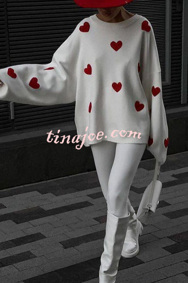 Fashionable Embroidered Love Loose Round Neck Long Sleeve Knitted Sweater