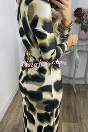 Kiele Unique Print Turtleneck Twist Detail Long Sleeve Stretch Midi Dress