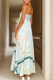 Botanical Print Square Neck Suspender Casual Full Hem Maxi Dress