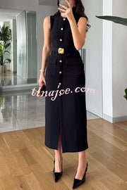 Danina Button Up Sleeveless Metal Belted Pocket Stretch Midi Dress