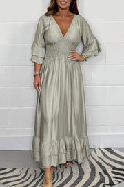 Solid Satin V-Neck Ruffle Sleeve Pleated Waist Maxi Dress