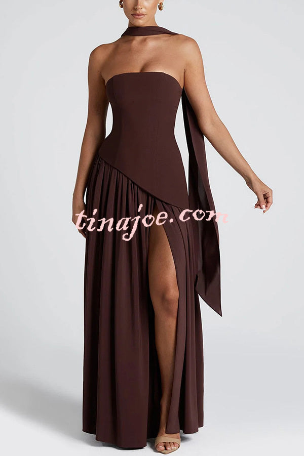 Elegant Off Shopulder Chiffon Pleated Hem Scarf Slit Maxi Dress