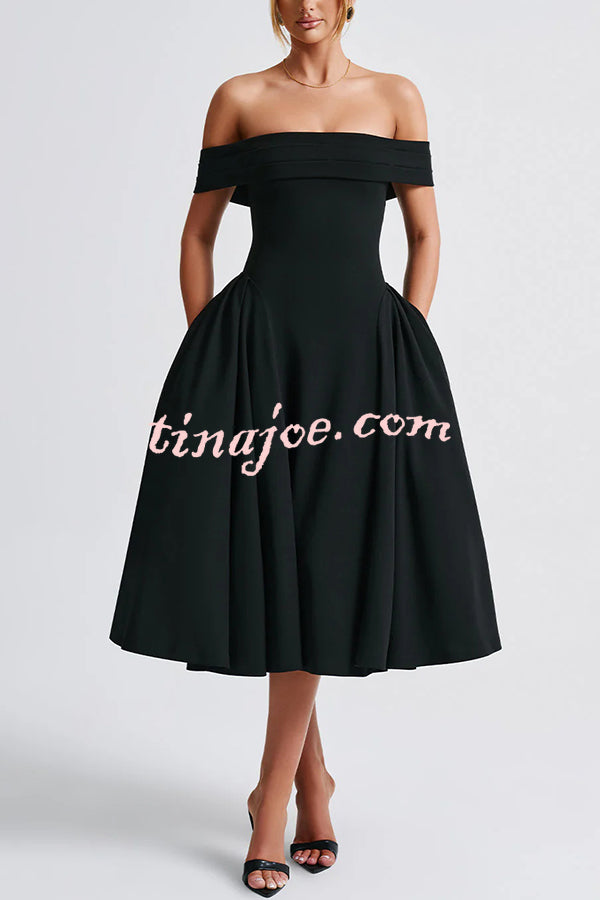 Princess Temperament Batdot Neck Pleat Detail Midi Dress