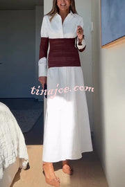 Fashionable Pleated Contrast Patchwork Waist Long Sleeve Button Shirt Maxi Dress