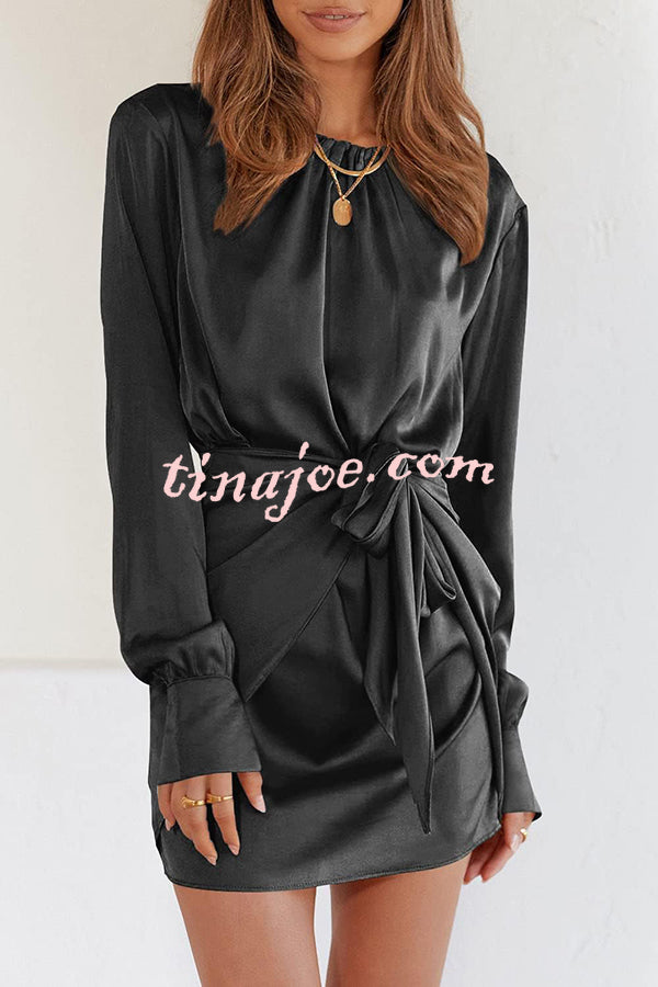 Satin Round Neck Long Sleeve Elastic Tie Mini Dress