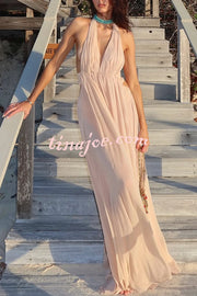 Ethereal Moment Tulle Cutout Ruched Waist Backless Halter Maxi Dress