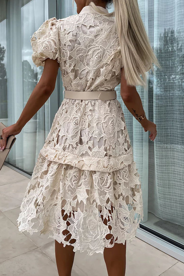 Absolutely Elegant Floral Crochet Lace Puff Sleeve Belted Shirt Midi Dress