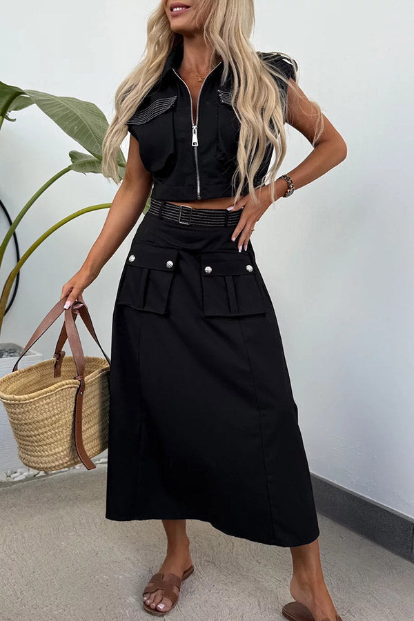 Athleisure Zipper Pocket Sleeveless Jacket and Belted Cargo Midi Skirt Set