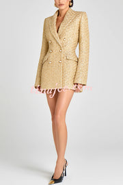 Heels Click Tweed Fabric Pearl Button Long Sleeve Lapel Blazer Mini Dress
