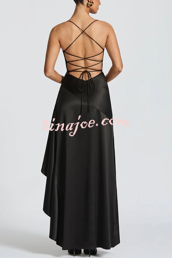 Solid Color Sexy Backless Lace-up Irregular Ruffled Maxi Dress