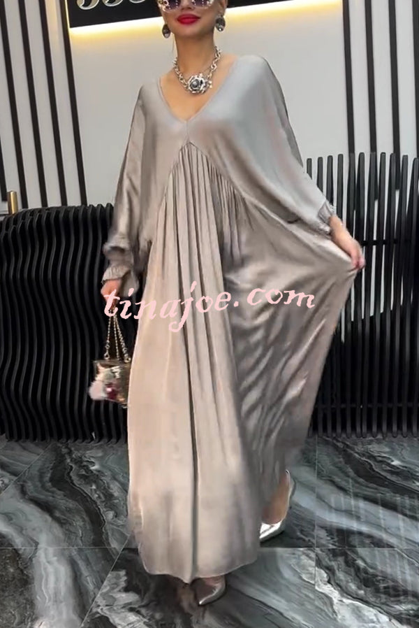 Satin Solid Color V-neck Lotus Leaf Sleeve Loose Pleated Maxi Dress