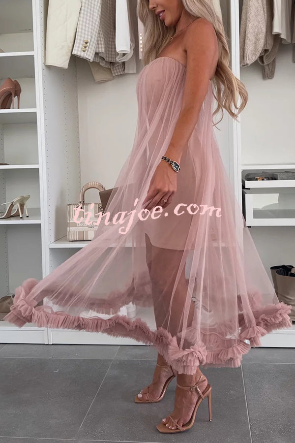 Fairytale Charm Tulle Off Shoulder Ruffles Trim A-line Midi Dress