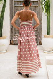 Striped Polka-dot Print Sling Pleated Open-back Maxi Dress