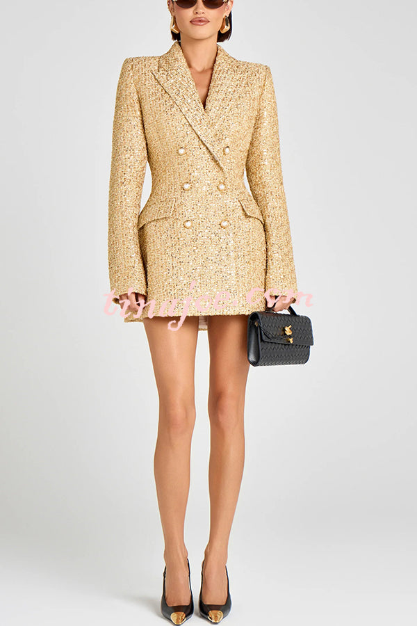 Heels Click Tweed Fabric Pearl Button Long Sleeve Lapel Blazer Mini Dress