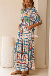 Unique Print Lapel Short Sleeve Loose Shirt and Elastic Waist Casual Pocket Wide Leg Pants Set