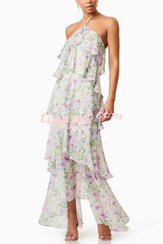 Cocktail Party Sheer Floral Georgette Halter Flowy Tiered Maxi Dress