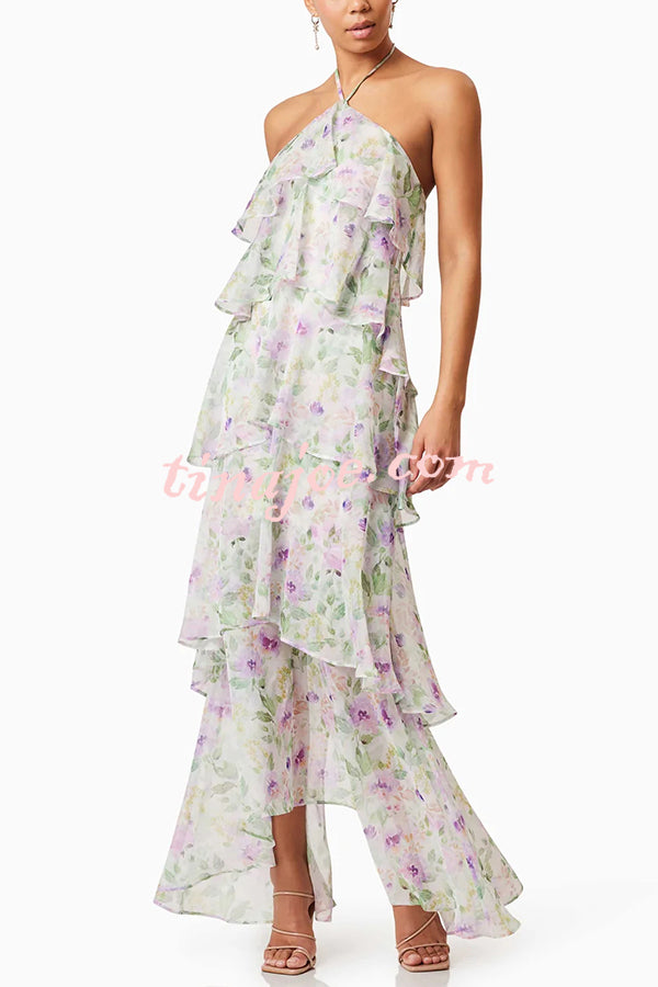 Cocktail Party Sheer Floral Georgette Halter Flowy Tiered Maxi Dress