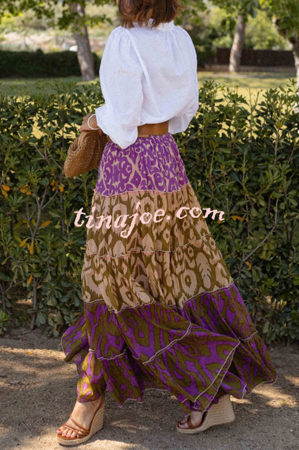 Resort Style Unique Print Elastic Waist Loose Stitching Maxi Skirt