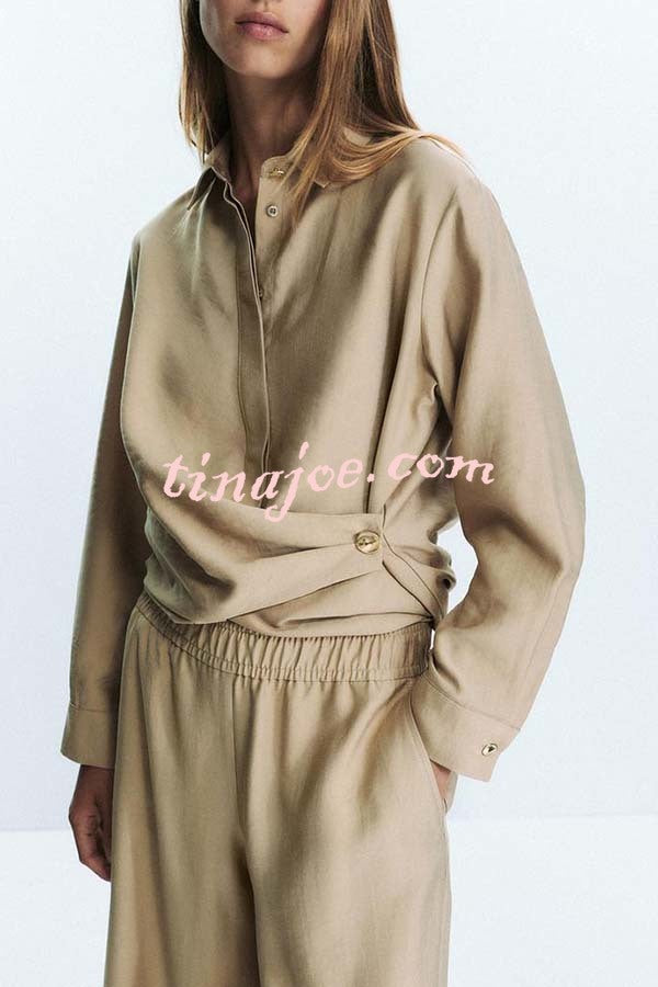 Juliette Cross-front Button Up Long Sleeve Shirt and Elastic Waist Pocket Loose Pants Set