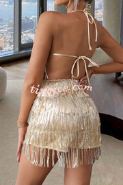 Shiny Sexy Halterneck Backless Lace-up Fringed Sequin Rompers