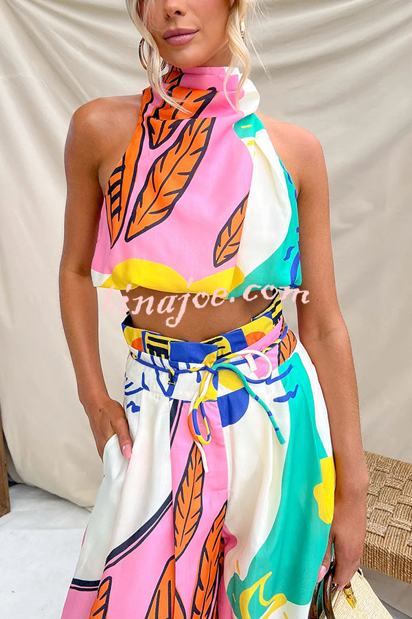 Maison Linen Blend Unique Print High Neck Top and Elastic Tie-up Waist Pocket Wide Leg Pants Set