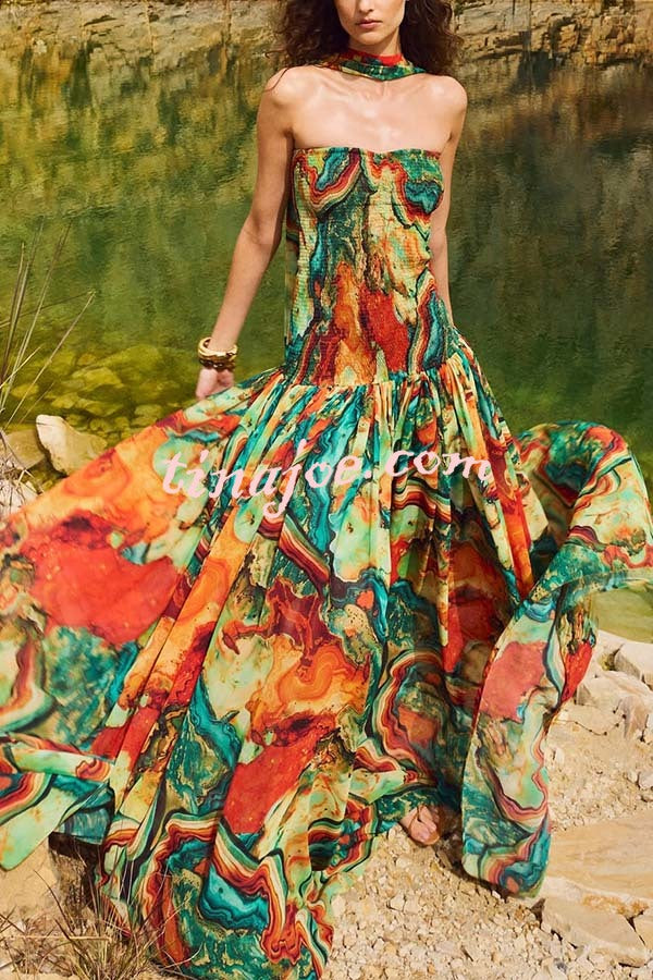 Vacay Vibes Colorful Lava Print Off Shoulder Smocked Scarf Maxi Dress