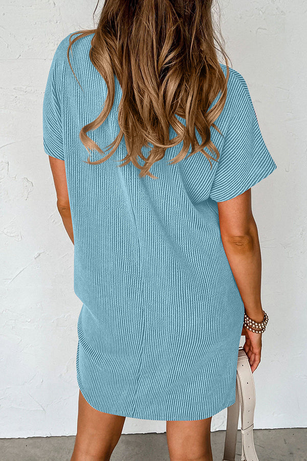 Casual Solid Color Striped Short-sleeved Pocket Mini Dress