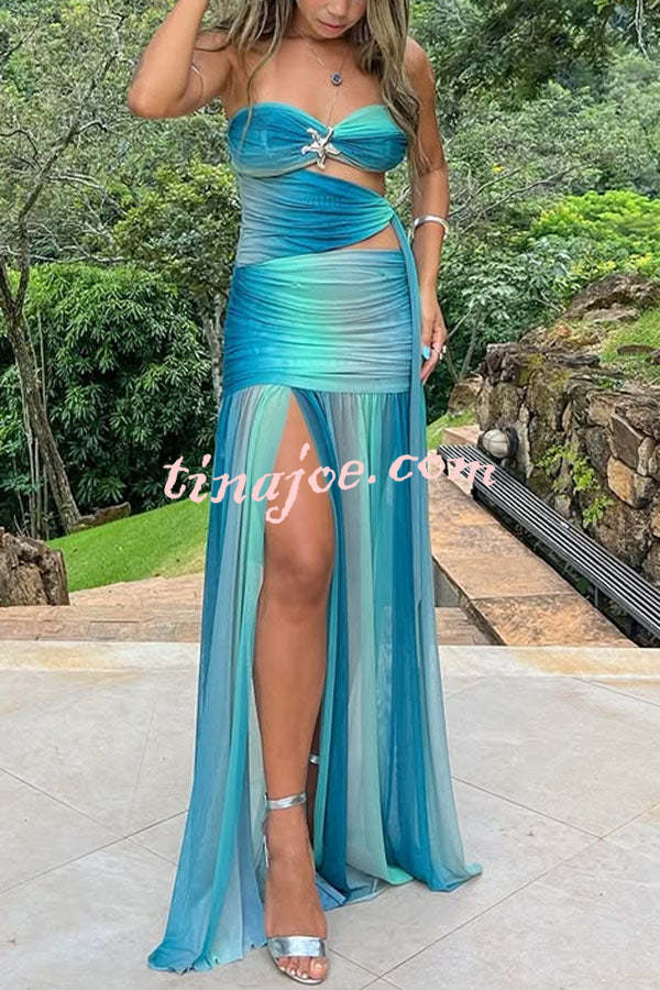 Soleil Mesh Printed Starfish Pendant Ruched Cutout Off Shoulder Maxi Dress