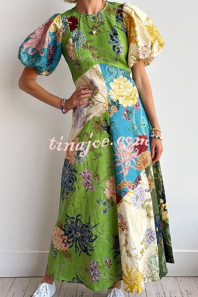 Floral Print Round Neck Puff Sleeve Casual Midi Dress