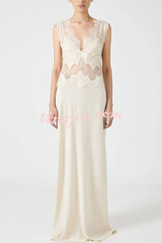Wonderful Fusion Satin Lace Trim See-through Waist V-neck Drape Maxi Dress