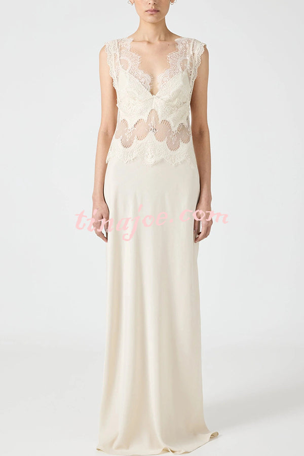 Wonderful Fusion Satin Lace Trim See-through Waist V-neck Drape Maxi Dress