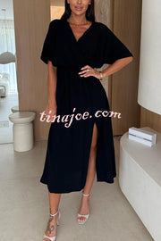 Linen Blend Solid Color V-neck Short Sleeve Waist Loose Slit Midi Dress