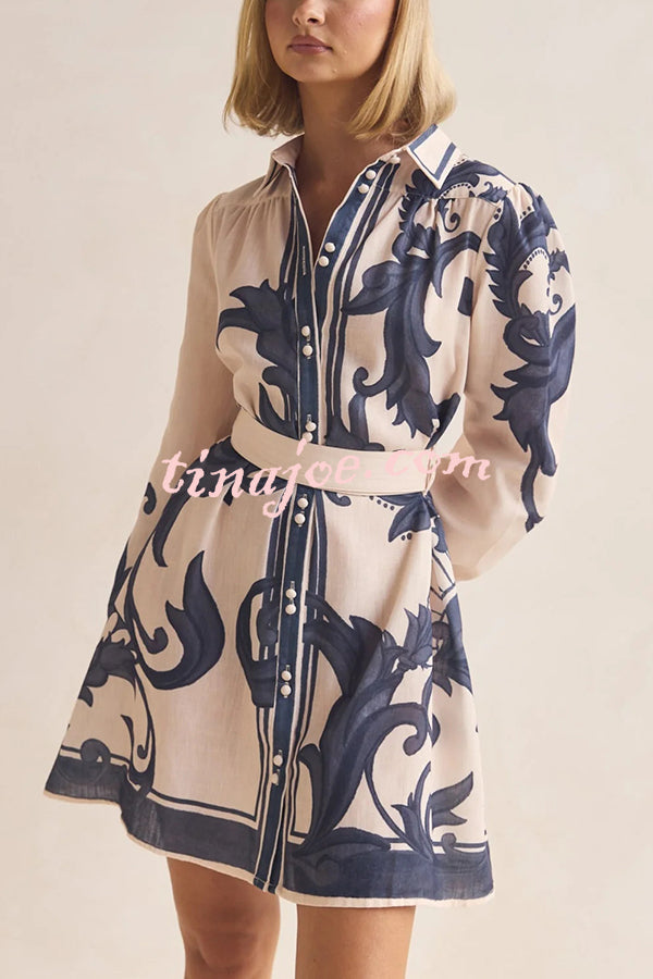 Botanical Print Lapel Puff Sleeve Vintage Belt Loose Mini Dress