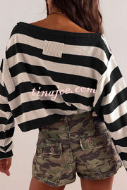 Striped Print Crew Neck Long Sleeve Loose Knitted Sweater