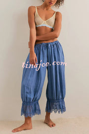 Pastoral Style Elastic Waist Lace Hem Bloomer Pants