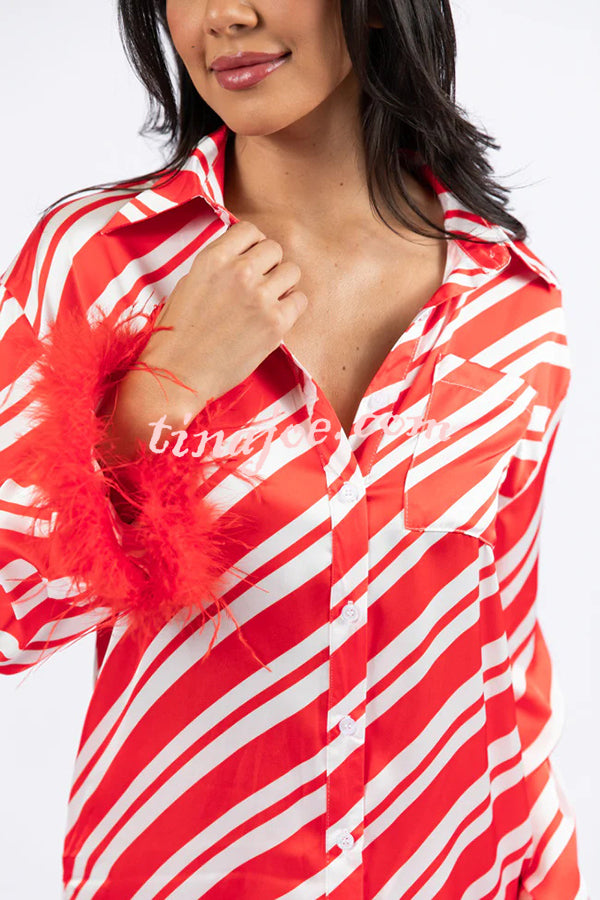 Christmas Party Striped Print Pocket Feather Elastic Waist Pajama Set