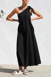 Solid Color One-shoulder Strappy Elegant Sloping Collar Loose Maxi Dress